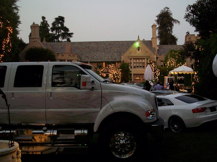 F650 in front of Playboy Mansion at dusk